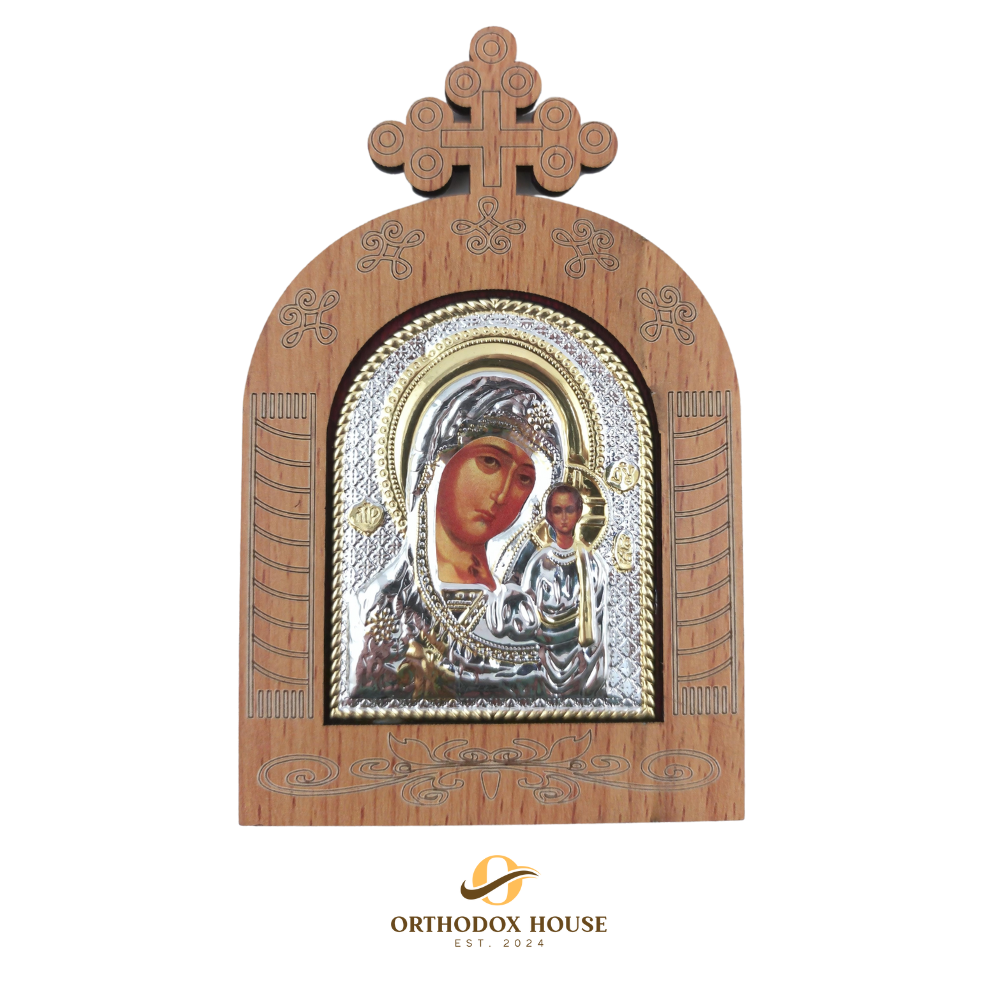 Kazanskaya Icon of Theotokos in Wooden Frame, Chased Kazanskaya Icon of Theotokos in Wooden Frame, Chased